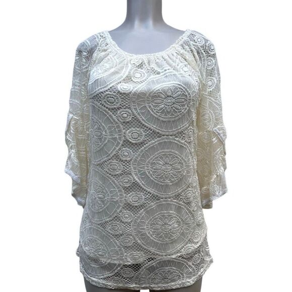 Lace Overlay Blouse Women's Small Cream Crochet Embroidered Ruffle Bell Sleeve - Picture 1 of 15